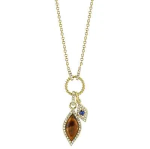 14K Yellow Gold Tigers Eye Diamond Sapphire Eye Necklace Natural 1.02 CTW - Picture 1 of 3