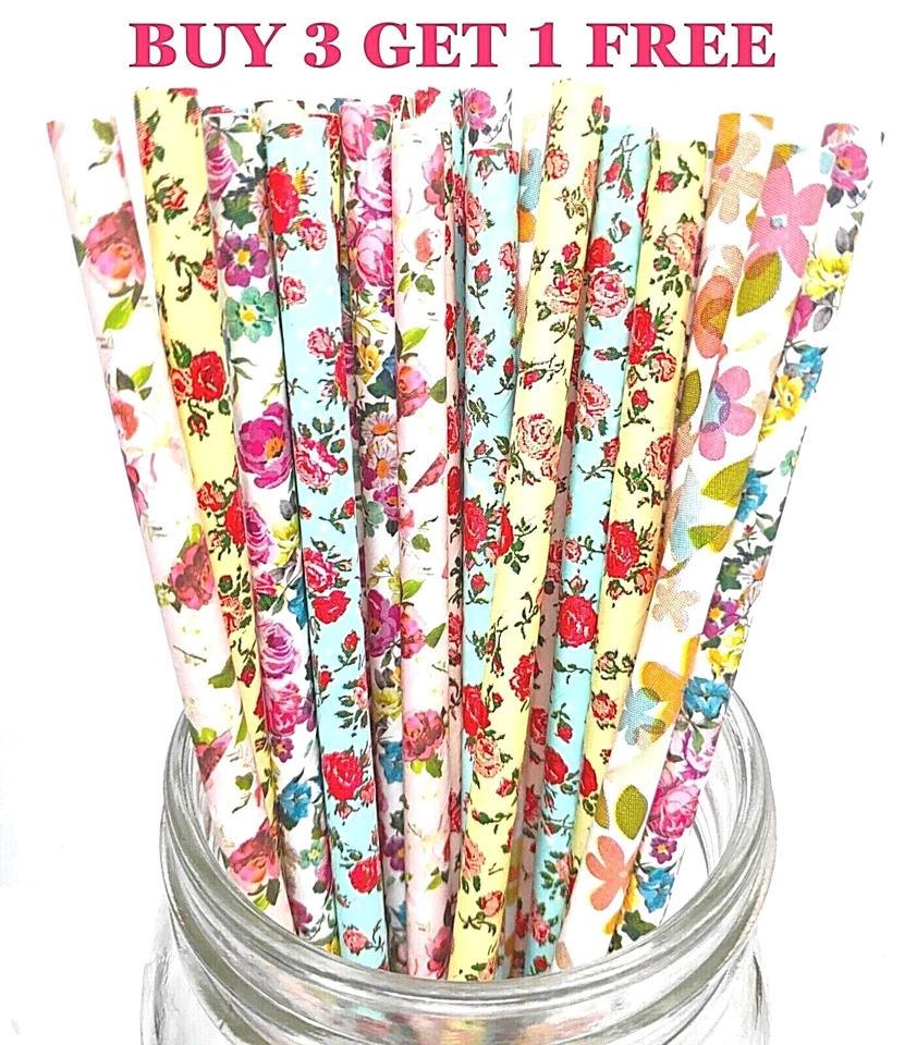 25 Flower Floral Paper Retro Vintage Party Drinking Straws Birthday Wedding - Image 1 of 1