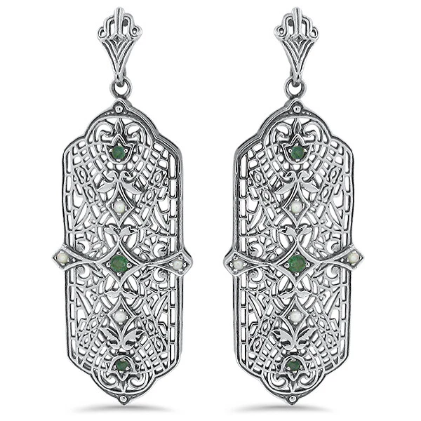 PENDIENTES DE PLATA DE LEY 925 DISEÑO FILIGRANA ANTIGUO PERLA ESMERALDA GENUINA 024X Foto 1 de 1