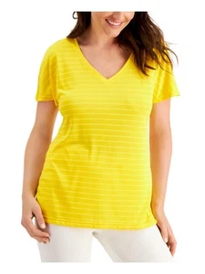 IDEOLOGY Womens Yellow Moisture Wicking Striped Short Sleeve V Neck T-Shirt XXL - Picture 1 of 11