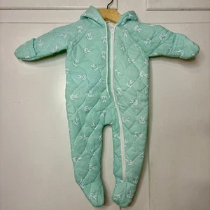 Vintage Baby Blue Green Bunny Quilted JumpSuit With Mittens and Hood - Picture 1 of 6