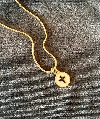Modern Cross Necklace In White And Gold, 16 In, Little Girl, Circle, Enamel - Image 1 of 2