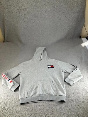 Vintage Tommy Hilfiger Hoodie Womens Large Gray Y2K Flags Big Logo America USA - Image 1 of 4