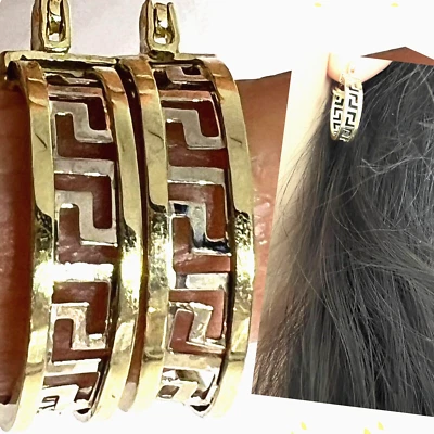 GOLd Greek versace design hoop earring round 10k yellow white gift her 18mm .70” - Image 1 of 4