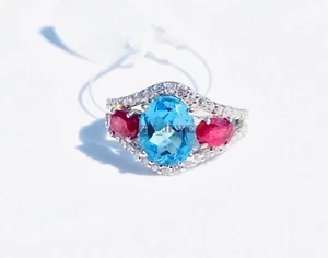 Natural Blue Topaz & Heated Ruby With 925 Sterling Silver Ring for Women #3820 - Picture 1 of 10