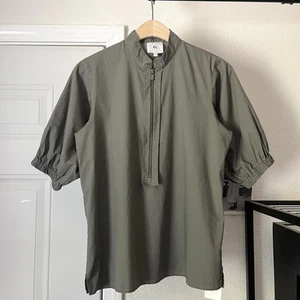 G. BY GOOP olive army green cotton popover half zip short puff sleeve shirt - Picture 1 of 8