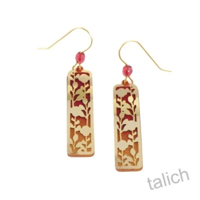 Adajio Earrings Dark Red Rectangle with Shiny Gold Plated Flower Stems Overlay - Image 1 of 4