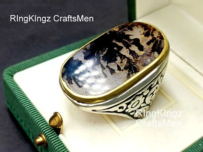 Anillo natural Shajri Aqeeq piedra para riqueza ágata dendrítica anillo para hombre plata 925  Foto 1 de 4