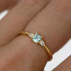 1.0Ct Princess Cut Lab Created Aquamarine Engagement Ring 14k Yellow Gold Plated - Picture 1 of 4