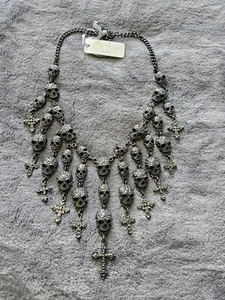 BNWT Mikey London Pewter Silver Tone Skull Cross Crystal Cascade Drop Necklace - Picture 1 of 6