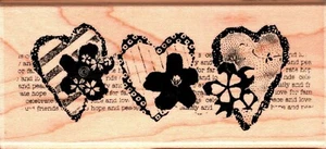 Stampendous ~ HEART TRIO MONTAGE ~ Wood Mounted Rubber Stamp Love Flowers - Picture 1 of 1