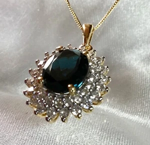 London Blue Topaz Pendant, Zircon Halo, 18" Chain, 14K Y Gold On Sterling Silver - Picture 1 of 9