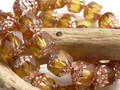 10 - 8mm CZECH TRANSLUCENT MATTE TOPAZ FACETED CATHEDRAL GLASS BEADS COPPER ENDS - Image 1 of 4