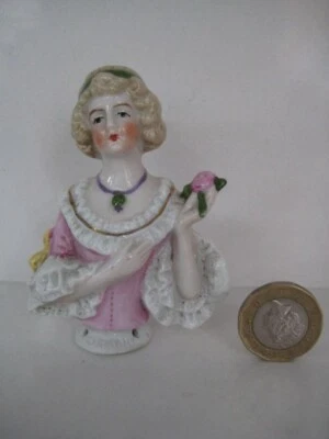 GERMAN ART DECO PORCELAIN PIN CUSHION HALF DOLL LADY FLOWER FRILLY DRESS #18466 - Image 1 of 4