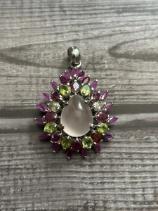 Sterling Silber Rosenquarz Rubin Peridot Edelstein Anhänger RIESIG Neu ohne Etikett - Bild 1 von 7