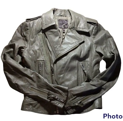 Chaqueta de cuero de cordero Joie ajustada, gris/verde, detalle de cremallera, damas talla XS Foto 1 de 4