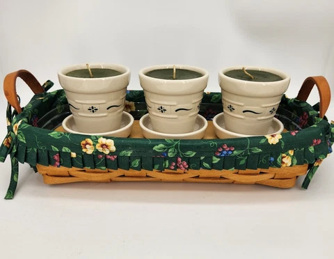 Longaberger Small Flower Pot Basket+Prot+Liner+3 Flower Pot Candles+Pot Holder Cover