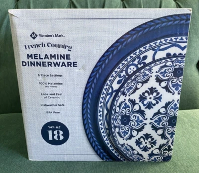 NEW Melamine 18-pc Blue Dinnerware French Country Set Member’s Mark BPA-free - Image 1 of 4