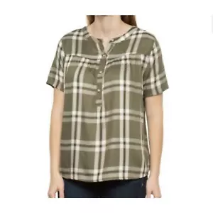 New C&C California Womans Small Blouse Top Plaid Short Sleeve Button Green NWT - Picture 1 of 8