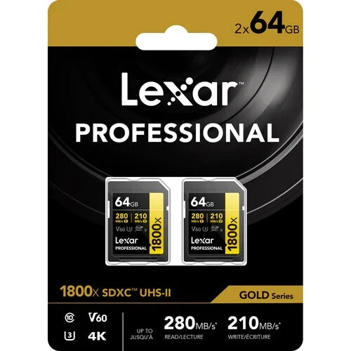 Lexar 64GB Professional 1800x UHS-II SDXC Scheda di Memoria (Serie ORO, Confezione da 2) - Immagine 1 di 3