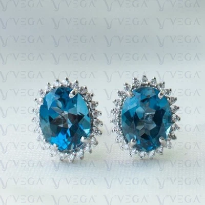 Par de pendientes de topacio natural y diamantes de corte ovalado de 4,50 quilates enchapados en oro blanco de 18 k Foto 1 de 4