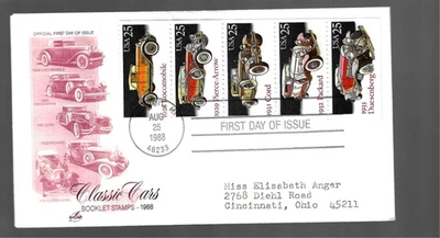 1988 Classic Cars Scott 2381-85 booklet combo FDC; red Art Craft cachet - Image 1 of 2
