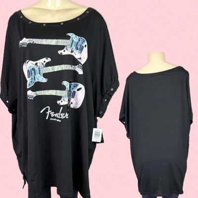 Camiseta manga corta Fender +4 negra con ojal gráfico acento Dolman Foto 1 de 4