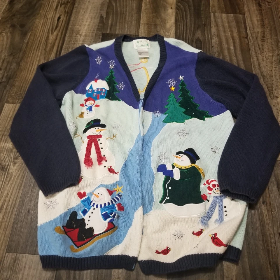 Vintage Quacker Factory Christmas Snowman Cardigan Sweater Size Large - Image 1 of 4