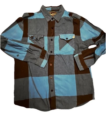 Vintage Style Electric Evolution Men’s Flannel Shirt L Blue Black Plaid Button - Image 1 of 4