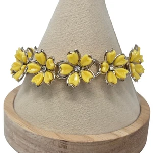 Vintage Yellow Flower Bracelet Silver Tone Rhinestone Floral Springtime Jewelry - Picture 1 of 10