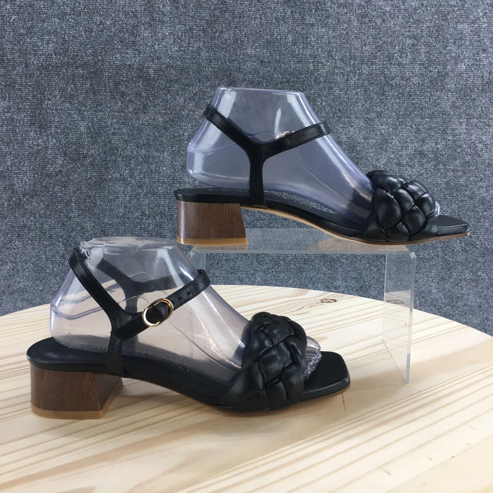 Sandalias Stuart Weitzman para mujer 8 B correa al tobillo cuero negro punta abierta tacón bloque Foto 1 de 4