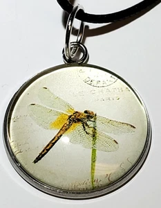 Yellow Dragonfly Resting Cabochon Pendant Necklace On 19 In. Cord - Picture 1 of 7