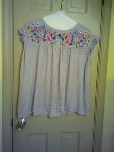 Ladies Jo Defe Brand Blouse, Size M. Blue & White Pin stripe, embroidered yoke. - Picture 1 of 3