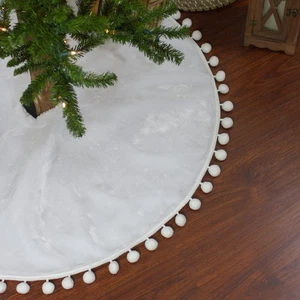 Northlight 48in White Christmas Tree Skirt With a Pom Pom Border - Picture 1 of 5