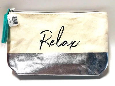 Bath & Body Works "Relax" Canvas Cosmetic Makeup Travel Bag Silver Foil New - Image 1 of 4