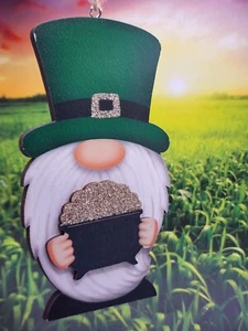 St. Patrick's Day Wood Irish Leprechaun gnome with pot of gold Wooden Ornament - Picture 1 of 3