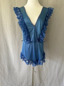 Vintage Lingerie 1970s Val Mode Blue Nylon Frilly Lace Teddie Romper Size M-USA* - Picture 1 of 9