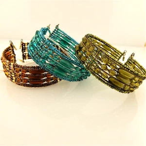 Boho beaded cuff bangle bracelet, your choice brown, green, teal glass beads - Picture 1 of 20