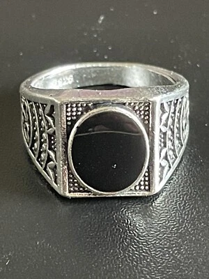 Изящный черный обсидиан драгоценный камень S925 серебро покрытием мужчин женщин кольцо размер 8 - Изображение 1 из 4