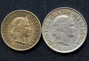 1918 Switzerland 5 Rappen & 1940 10 Rappen Coins - Picture 1 of 2