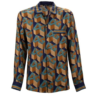 Camisa DOLCE & GABBANA DG Logo Estampado Geométrico Ajuste Ancho Seda Azul Beige Foto 1 de 4