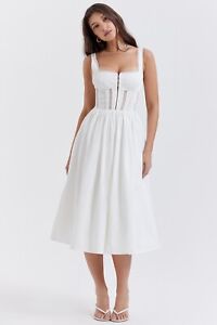 HOUSE OF CB 'Perle' White Lace Trim Midi Dress Size L-US 8-10 /NR3857