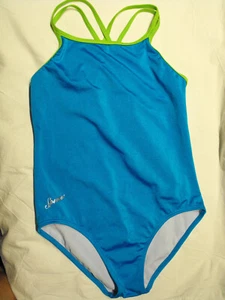 SPEEDO Girls One Piece Swimsuit Blue/Green Criss Cross Back Size 16 - Picture 1 of 5