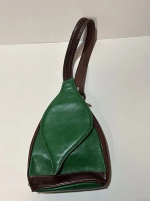 Vera Pelle Italian Leather Bag Back Pack Sling Bag Green Brown - Image 1 of 4