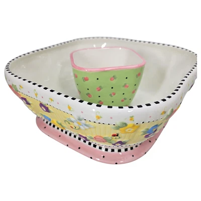 Juego de cuencos Mary Engelbreit Chip Dip flores rosa amarillo patas de cerámica vintage Foto 1 de 4
