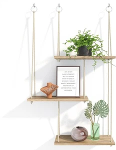 Fixwal Hanging Shelves for Wall, 3 Tier Boho Wall Decor Plant Rustic Brown - Picture 1 of 7