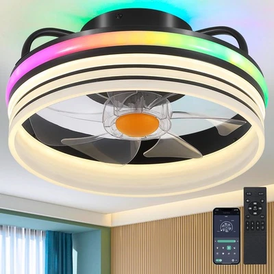 Flush Mount Ceiling Fan with Light - Small Low Profile Ceiling Fan,13" RGB Di... - Image 1 of 4