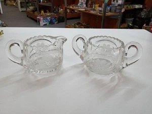 Antique Early 1900's Crystal Cut Glass Etched Daisy Cream & Sugar Set - Picture 1 of 19