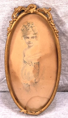 Antiguo marco colgante de metal ovalado Art Nouveau con impresión para 4" x 7-3/4" Foto 1 de 4