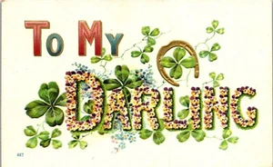 Vintage Large Letter Floral  Postcard  ~ To My Darling Clover Horseshoe Unused - Picture 1 of 3